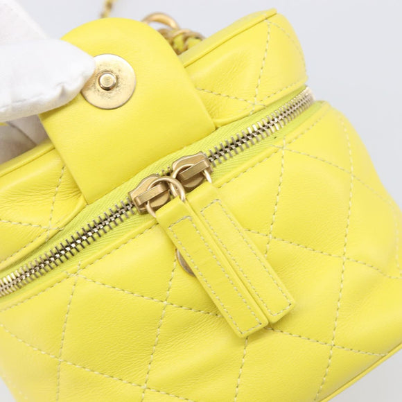 CHANEL Matelasse Chain Vanity Bag Lamb Skin 2way Yellow Gold CC Auth 196667M