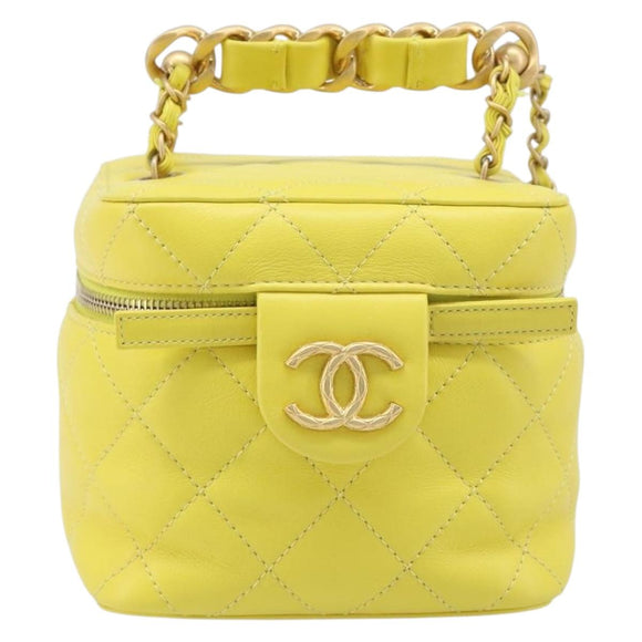 CHANEL Matelasse Chain Vanity Bag Lamb Skin 2way Yellow Gold CC Auth 196667M