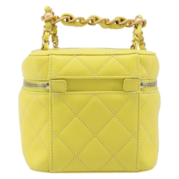 CHANEL Matelasse Chain Vanity Bag Lamb Skin 2way Yellow Gold CC Auth 196667M