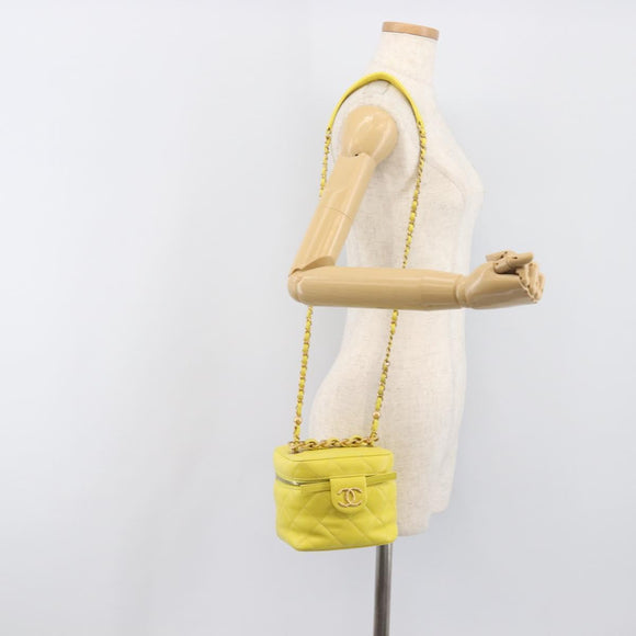 CHANEL Matelasse Chain Vanity Bag Lamb Skin 2way Yellow Gold CC Auth 196667M