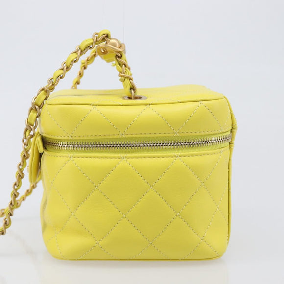 CHANEL Matelasse Chain Vanity Bag Lamb Skin 2way Yellow Gold CC Auth 196667M