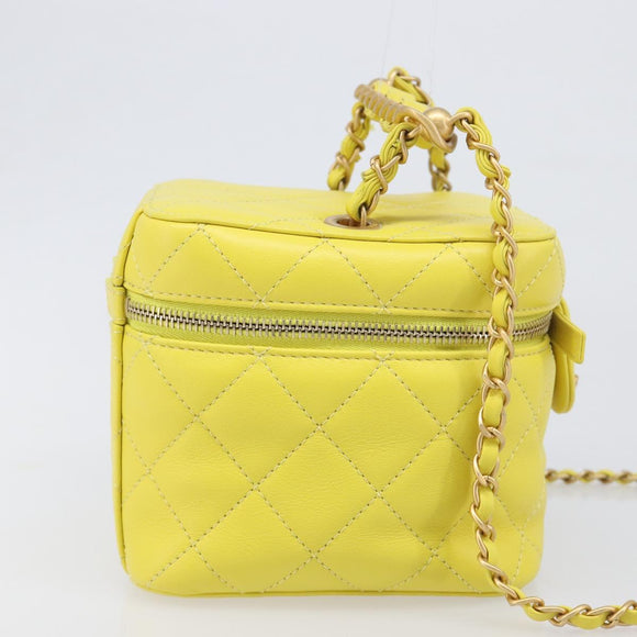 CHANEL Matelasse Chain Vanity Bag Lamb Skin 2way Yellow Gold CC Auth 196667M