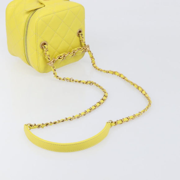 CHANEL Matelasse Chain Vanity Bag Lamb Skin 2way Yellow Gold CC Auth 196667M