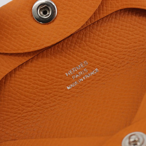 HERMES Bastia Terre Batue Coin Purse Leather Orange Silver Auth 196674V