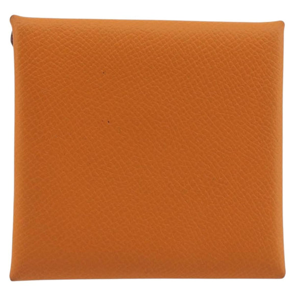 HERMES Bastia Terre Batue Coin Purse Leather Orange Silver Auth 196674V