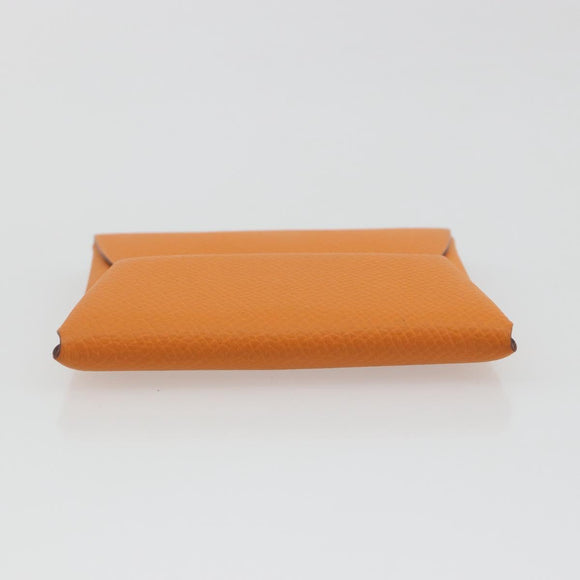 HERMES Bastia Terre Batue Coin Purse Leather Orange Silver Auth 196674V