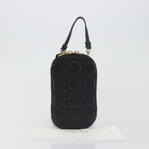 Christian Dior Cannage Phone Holder Leather Black Gold Auth 196679V