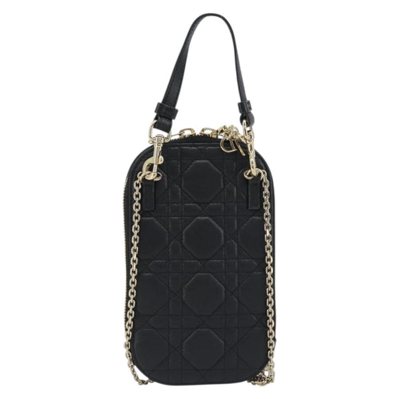 Christian Dior Cannage Phone Holder Leather Black Gold Auth 196679V