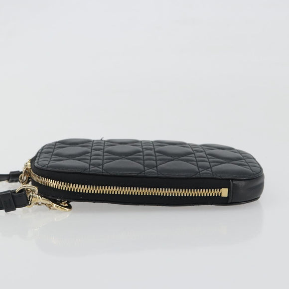 Christian Dior Cannage Phone Holder Leather Black Gold Auth 196679V