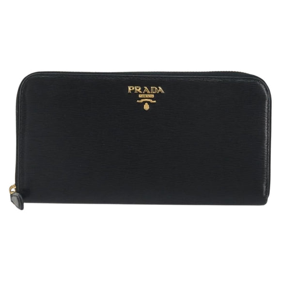 PRADA Long Wallet Leather Black Gold Auth 196690A