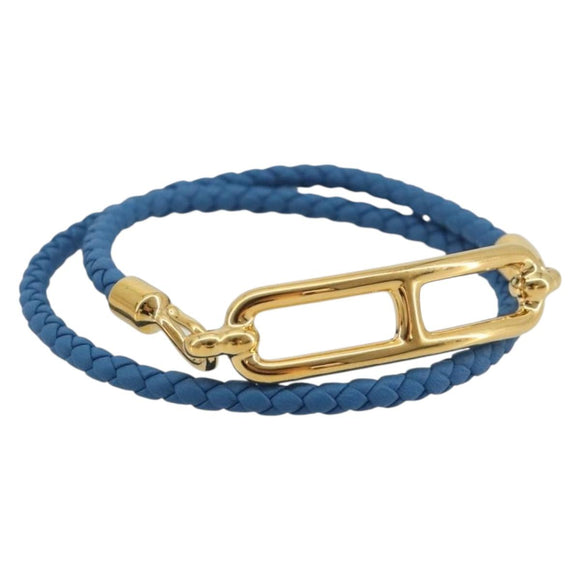 HERMES Roulis De Bourtour Bracelet Leather Blue Gold Auth 196712V