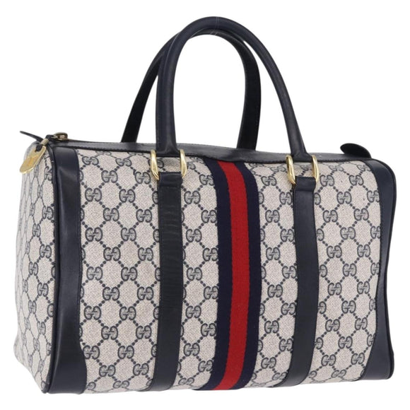 GUCCI GG Supreme Sherry Line Boston Bag PVC Navy Gold Auth 196762A