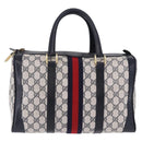 GUCCI GG Supreme Sherry Line Boston Bag PVC Navy Gold Auth 196762A-2