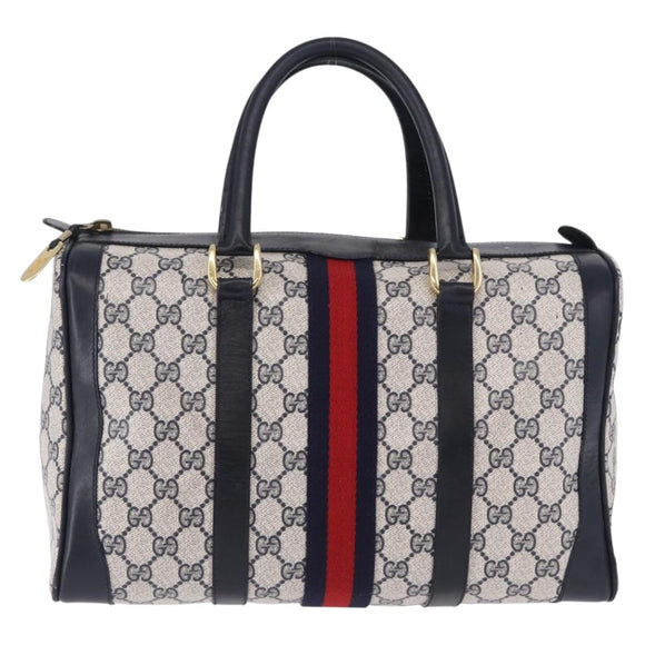 GUCCI GG Supreme Sherry Line Boston Bag PVC Navy Gold Auth 196762A
