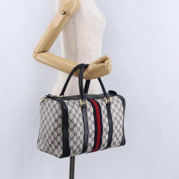 GUCCI GG Supreme Sherry Line Boston Bag PVC Navy Gold Auth 196762A
