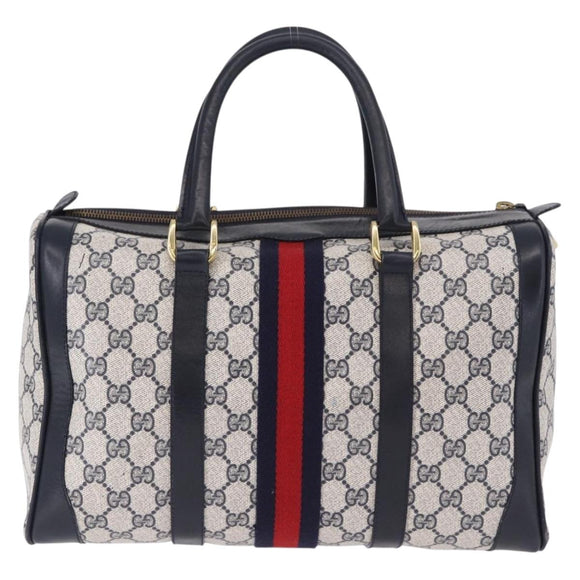GUCCI GG Supreme Sherry Line Boston Bag PVC Navy Gold Auth 196762A