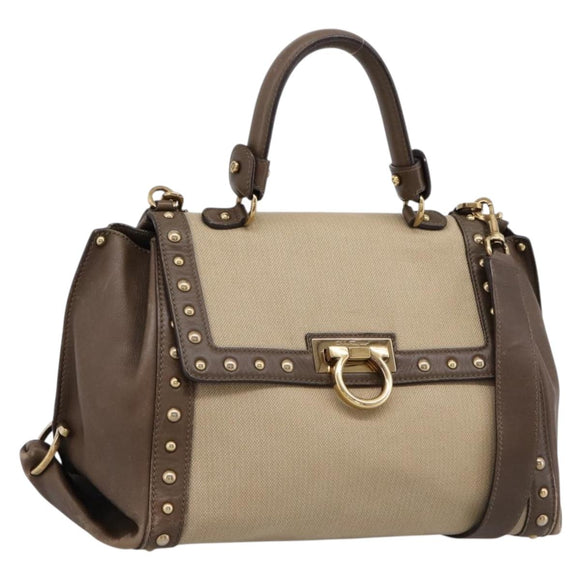Salvatore Ferragamo Gancini Hand Bag Canvas 2way Beige Gold Auth 196765