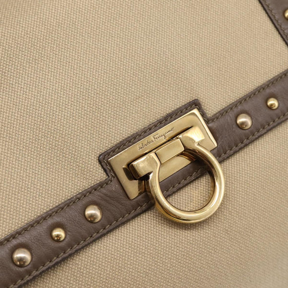 Salvatore Ferragamo Gancini Hand Bag Canvas 2way Beige Gold Auth 196765