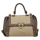 Salvatore Ferragamo Gancini Hand Bag Canvas 2way Beige Gold Auth 196765-13