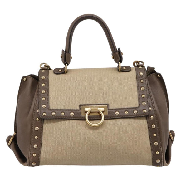 Salvatore Ferragamo Gancini Hand Bag Canvas 2way Beige Gold Auth 196765