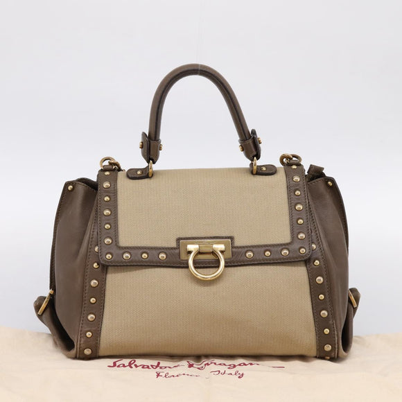 Salvatore Ferragamo Gancini Hand Bag Canvas 2way Beige Gold Auth 196765