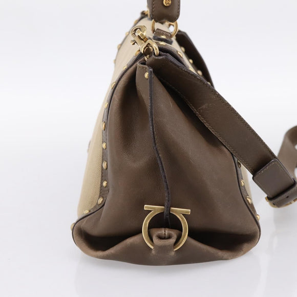 Salvatore Ferragamo Gancini Hand Bag Canvas 2way Beige Gold Auth 196765