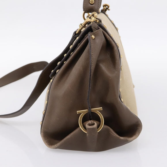 Salvatore Ferragamo Gancini Hand Bag Canvas 2way Beige Gold Auth 196765