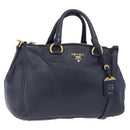 PRADA Hand Bag Leather 2way Navy Gold Auth 196781V-1