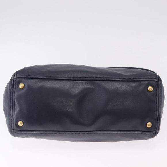 PRADA Hand Bag Leather 2way Navy Gold Auth 196781V