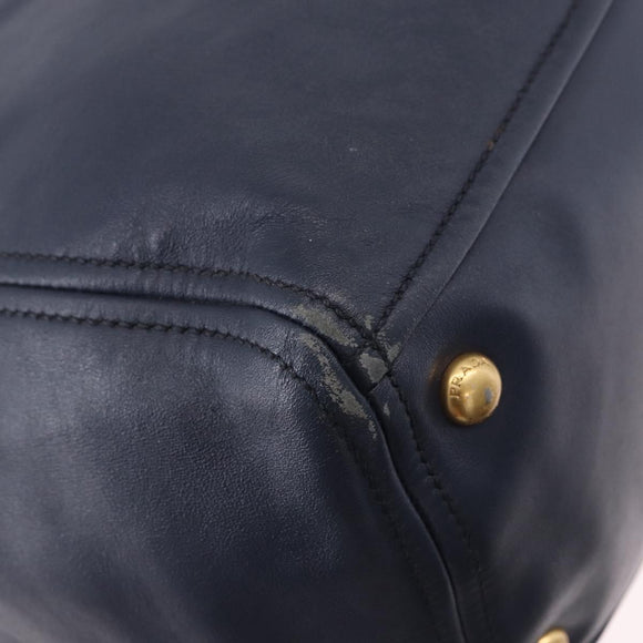 PRADA Hand Bag Leather 2way Navy Gold Auth 196781V