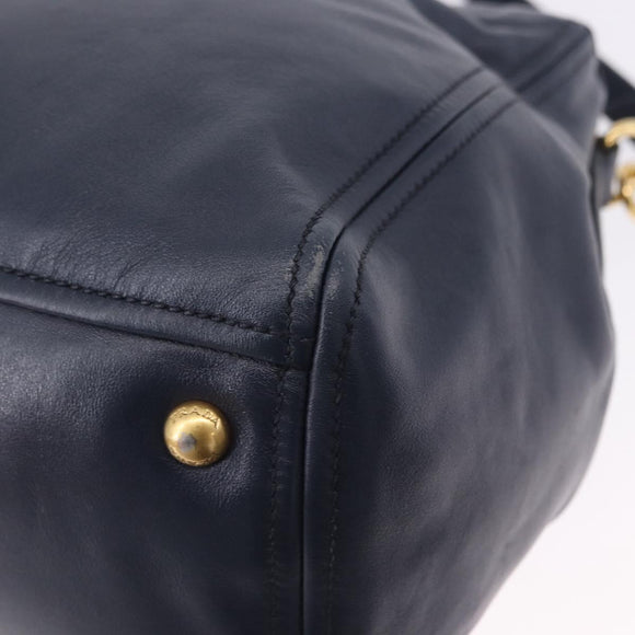 PRADA Hand Bag Leather 2way Navy Gold Auth 196781V