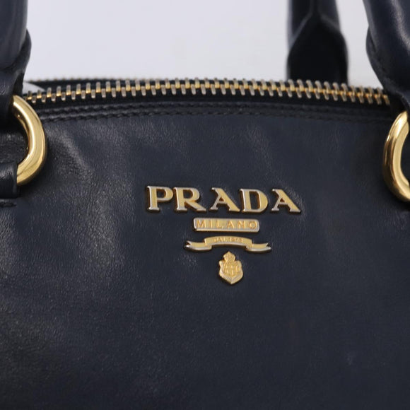PRADA Hand Bag Leather 2way Navy Gold Auth 196781V
