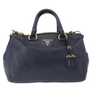 PRADA Hand Bag Leather 2way Navy Gold Auth 196781V-13
