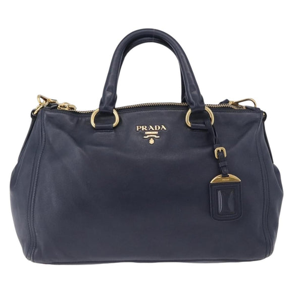 PRADA Hand Bag Leather 2way Navy Gold Auth 196781V