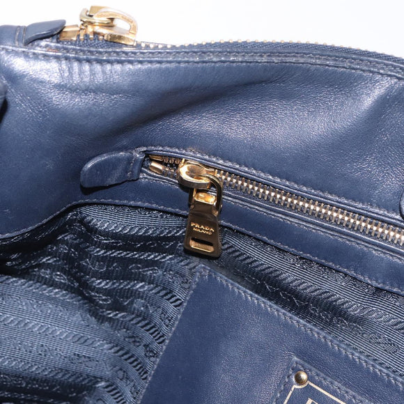 PRADA Hand Bag Leather 2way Navy Gold Auth 196781V