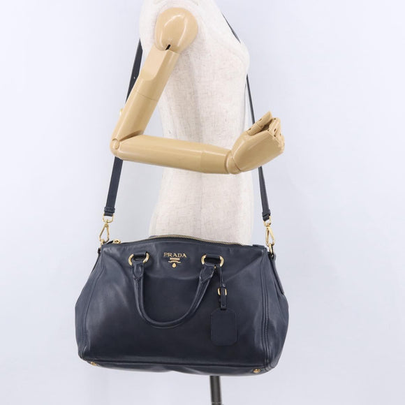 PRADA Hand Bag Leather 2way Navy Gold Auth 196781V