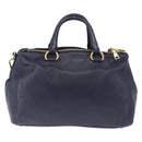 PRADA Hand Bag Leather 2way Navy Gold Auth 196781V-2
