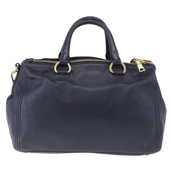 PRADA Hand Bag Leather 2way Navy Gold Auth 196781V