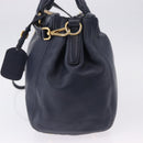 PRADA Hand Bag Leather 2way Navy Gold Auth 196781V-3