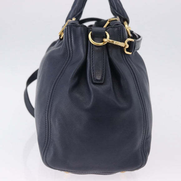 PRADA Hand Bag Leather 2way Navy Gold Auth 196781V