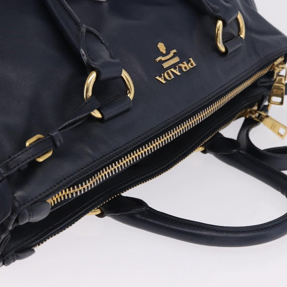 PRADA Hand Bag Leather 2way Navy Gold Auth 196781V