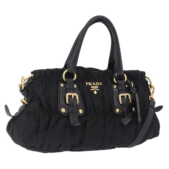 PRADA Hand Bag Nylon 2way Black Gold Auth 196783V
