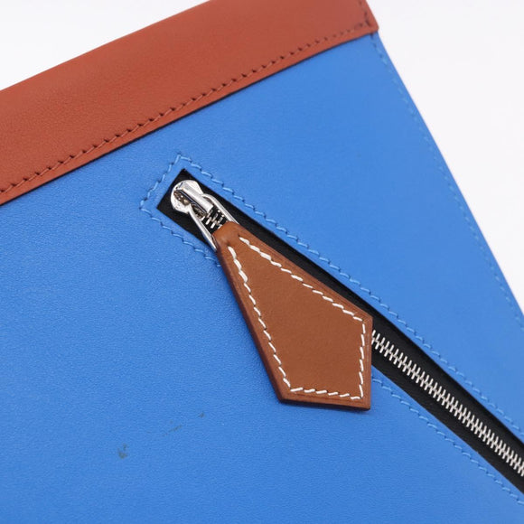 HERMES Zip Angor Clutch Bag Leather Blue Silver Auth 196795SM