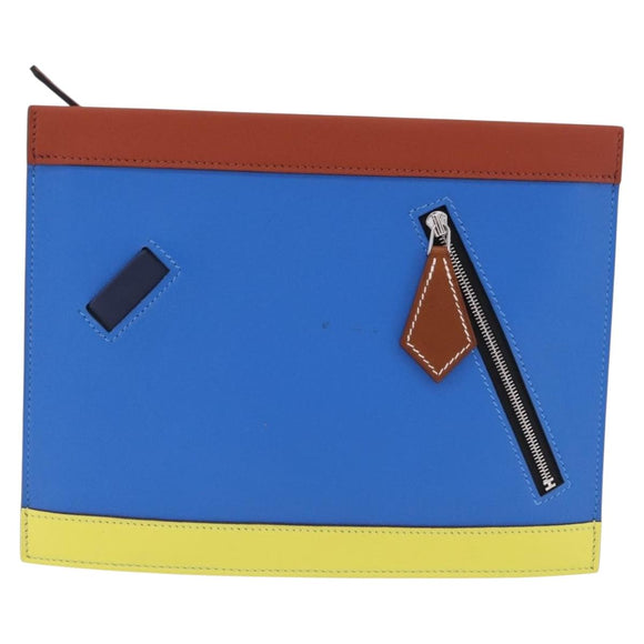 HERMES Zip Angor Clutch Bag Leather Blue Silver Auth 196795SM