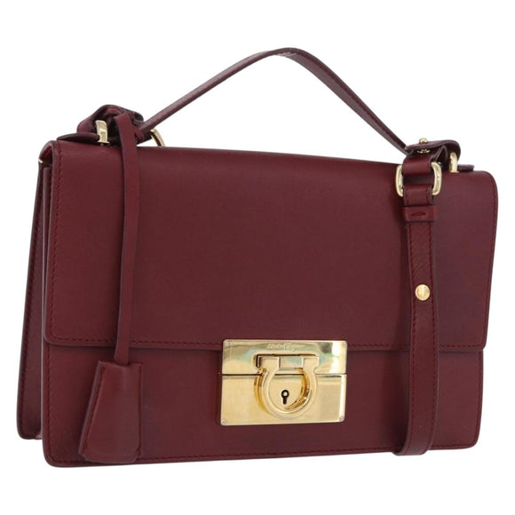 Salvatore Ferragamo Gancini Hand Bag Leather 2way Bordeaux Gold Auth 196796A