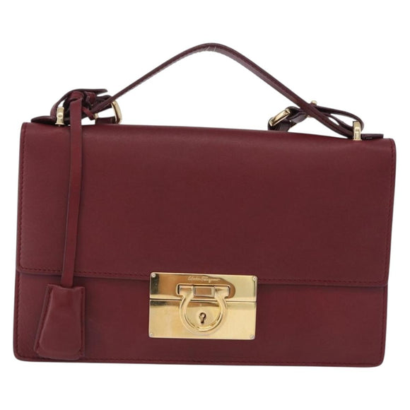 Salvatore Ferragamo Gancini Hand Bag Leather 2way Bordeaux Gold Auth 196796A