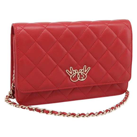 CHANEL Matelasse Chain Wallet Double Piece Lamb Skin Red Gold CC Auth 196801SAM