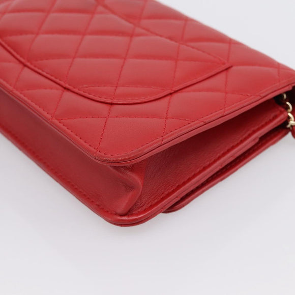 CHANEL Matelasse Chain Wallet Double Piece Lamb Skin Red Gold CC Auth 196801SAM