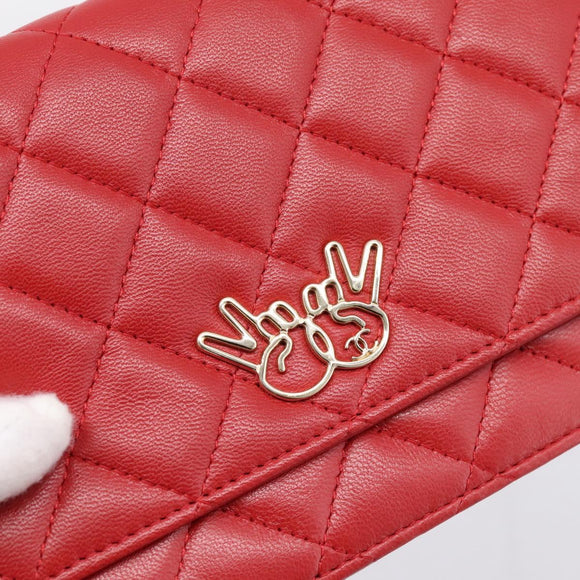 CHANEL Matelasse Chain Wallet Double Piece Lamb Skin Red Gold CC Auth 196801SAM