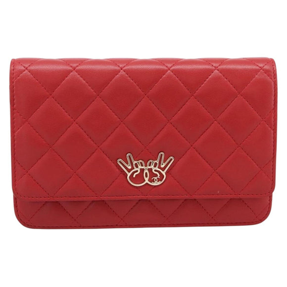 CHANEL Matelasse Chain Wallet Double Piece Lamb Skin Red Gold CC Auth 196801SAM